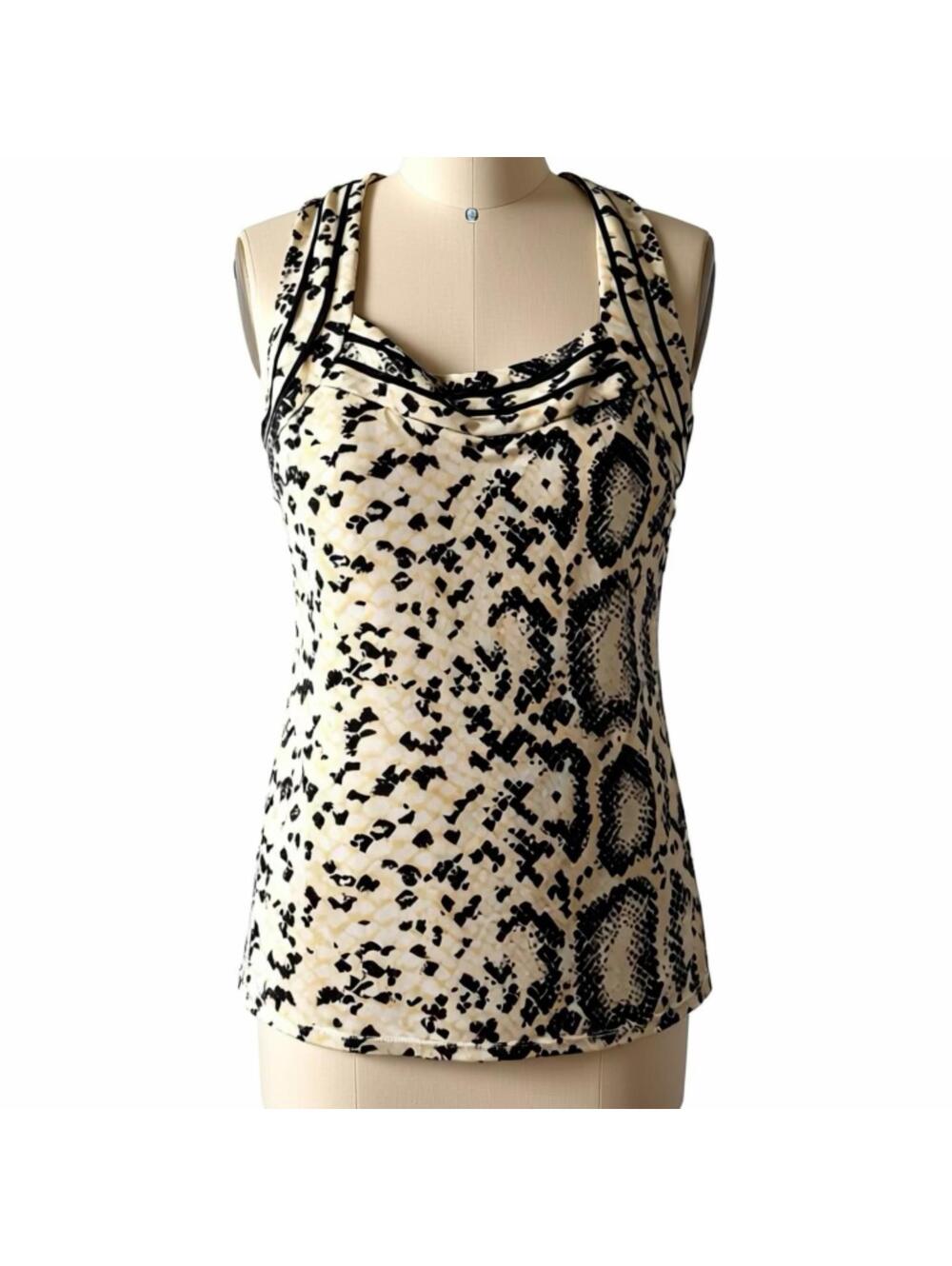White House Black Market Black and Cream Snake-Print Cowl Neck Tank